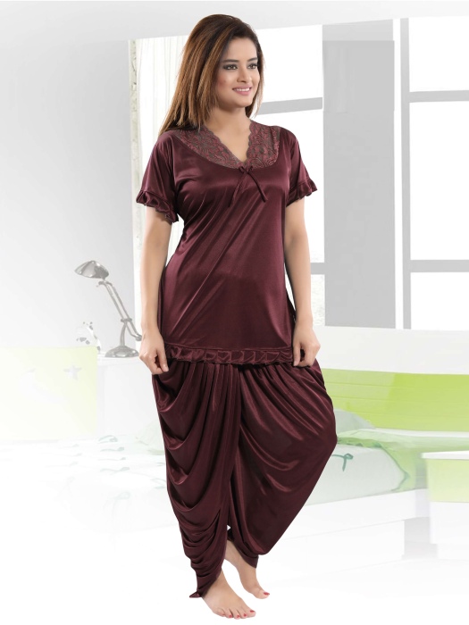 brown satin patiyala plan night suit satin patiyala