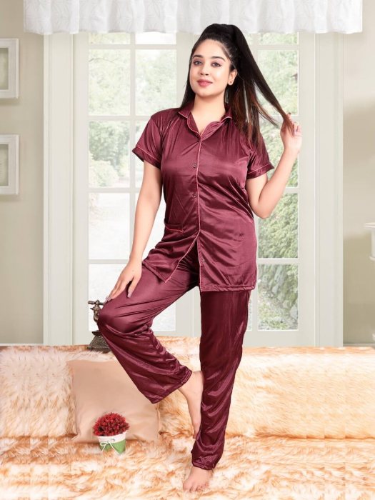 brown satin plan with piping night suit