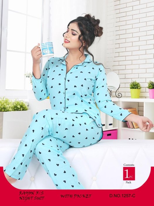 cotton heart design lskyblue night suit women night suit