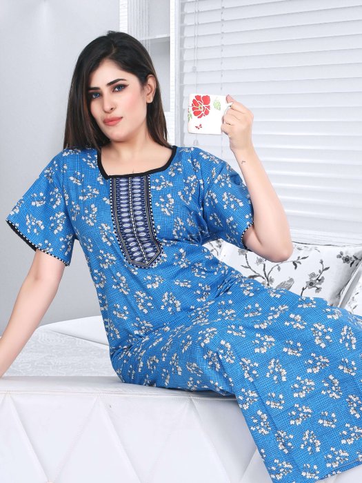 cotton night gown blue color mini flower design 