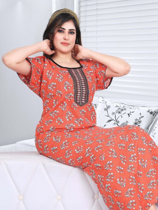 cotton night gown orange color mini flower design  cotton night gown