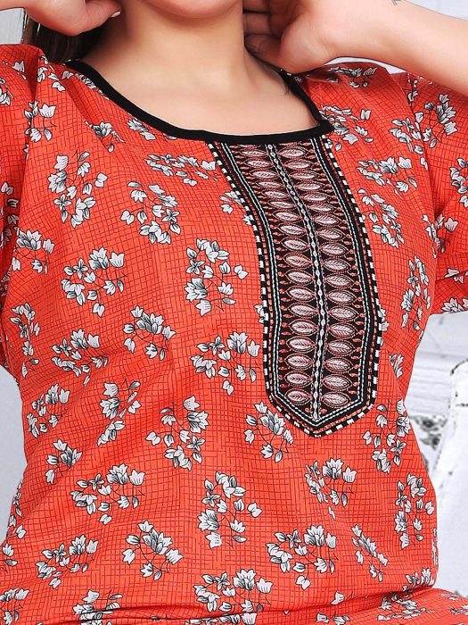 cotton night gown orange color mini flower design  cotton night gown