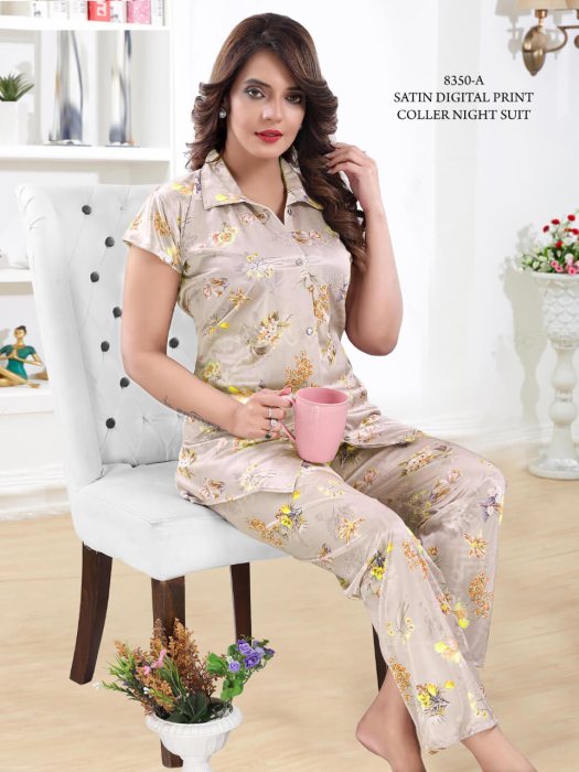 cream satin digitale printed night suit satin night suit