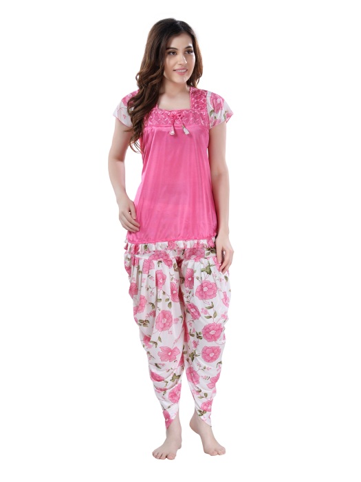 digital printed satin patiyala pink night suit satin patiyala