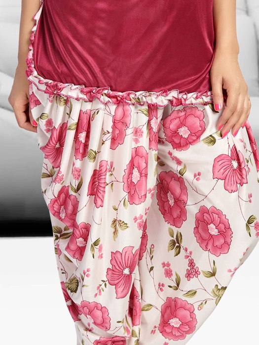digital printed satin patiyala red night suit satin patiyala