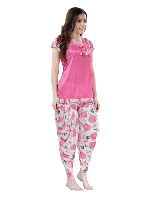 digital printed satin patiyala pink night suit satin patiyala