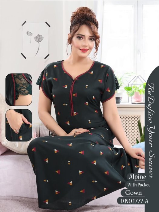green alpine cotton night gown with zip and trikon design 