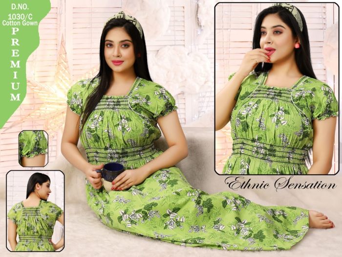 green color woman premium cotton night gown comfortable with printed cotton night Gown  UNDER 499