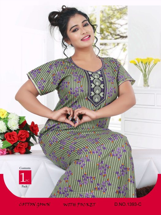 green cotton linig design with flower printed night gown 