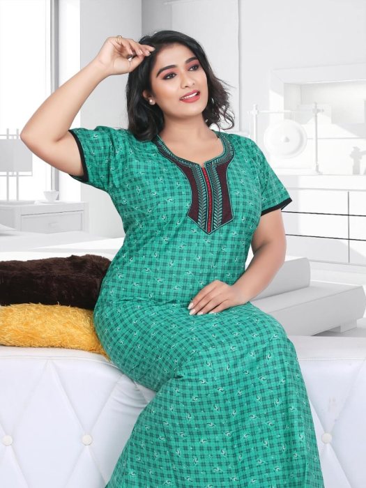 green cotton night gown embroidery design  cotton night gown