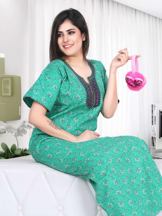 green cotton night maxi printed with embroidery design  cotton night gown