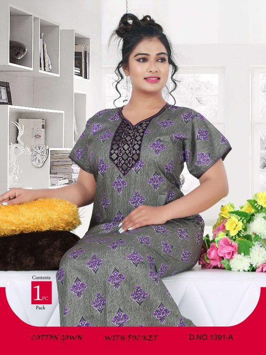 grey cotton square printed night gown