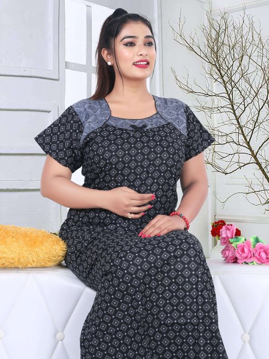 grey cotton night gown square design  cotton night gown
