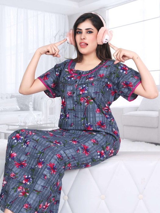 grey cotton night gown with flower design  cotton night gown