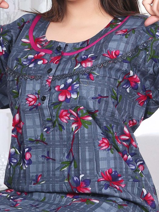 grey cotton night gown with flower design  cotton night gown