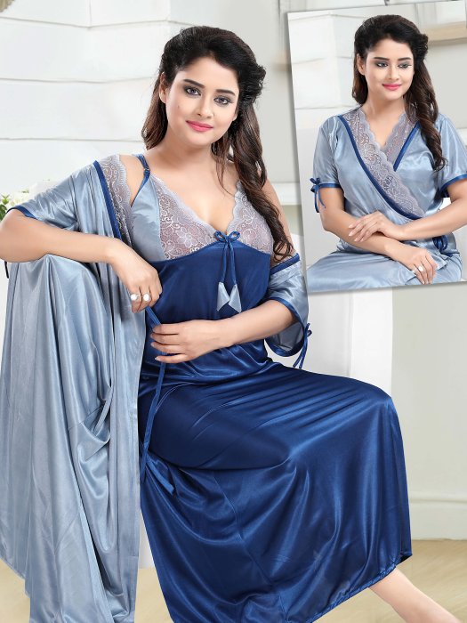  greyblue satin bridal robe with nighti 2 pic  2 pic fancy night wear