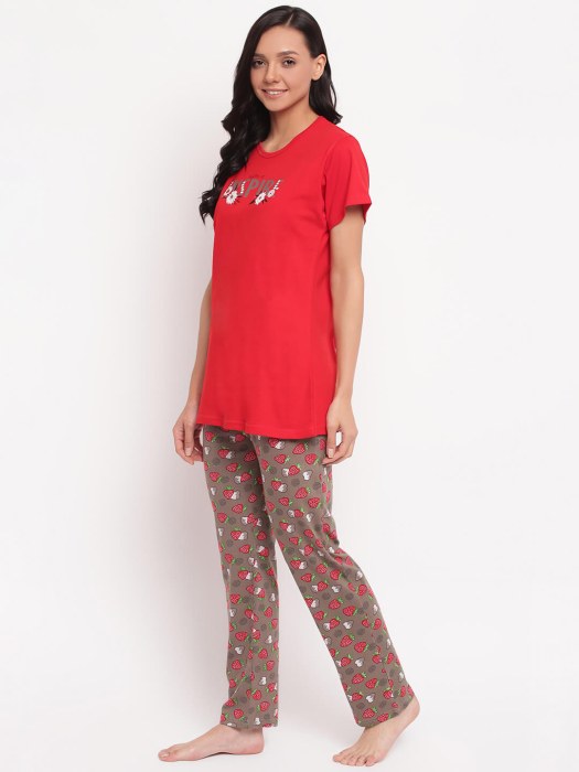 hosiery cotton sinkar red tshirt with brown pyjama set night suit hosiery cotton sinkar night suit