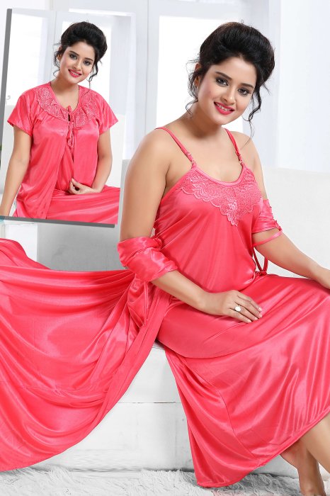 ligthpink satin bridal robe with nighti 2 pic  2 pic fancy night wear