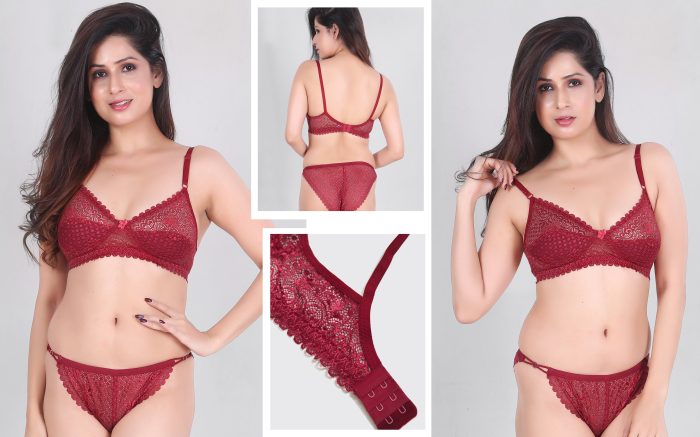 LIYON WOMAN PREMIUM  BRA SET COLOR MAROON COMFORTABLE AND SOFT LIGHTWEIGHT BRA SET FABRIC NET UNDER 299