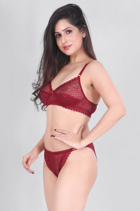 LIYON WOMAN PREMIUM  BRA SET COLOR MAROON COMFORTABLE AND SOFT LIGHTWEIGHT BRA SET FABRIC NET UNDER 299