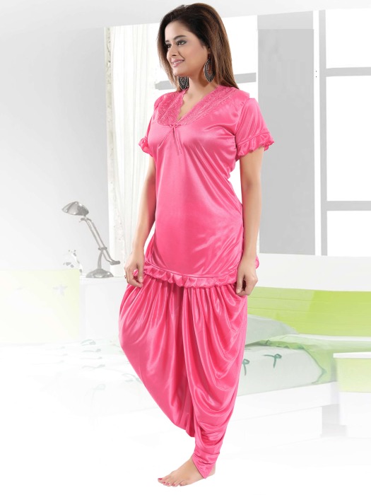 lpink satin patiyala plan night suit satin patiyala