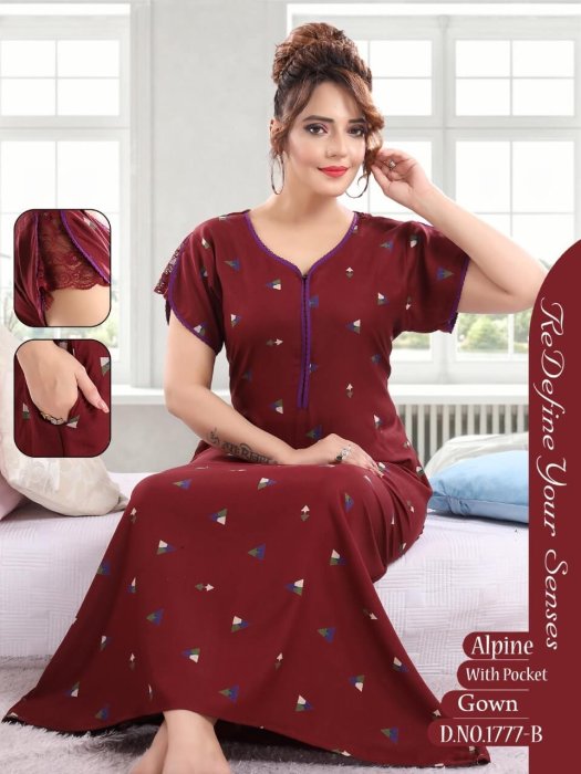 maroon alpine cotton night gown with zip and trikon design 