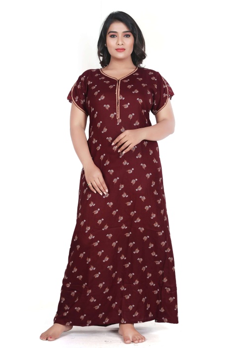 maroon alpine cotton night gown with zip and mini flowre design  alpine cotton night gown