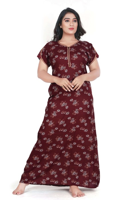 maroon alpine cotton night gown with zip and flower design  alpine cotton night gown