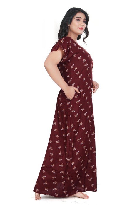maroon alpine cotton night gown with zip and mini flowre design  alpine cotton night gown