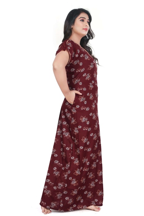 maroon alpine cotton night gown with zip and flower design  alpine cotton night gown