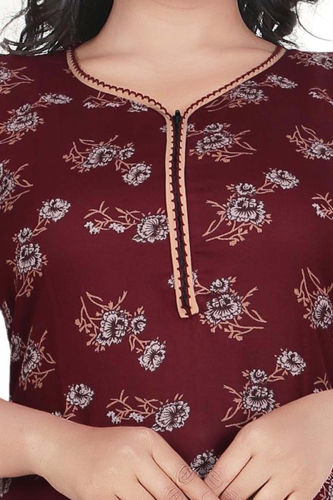 maroon alpine cotton night gown with zip and flower design  alpine cotton night gown