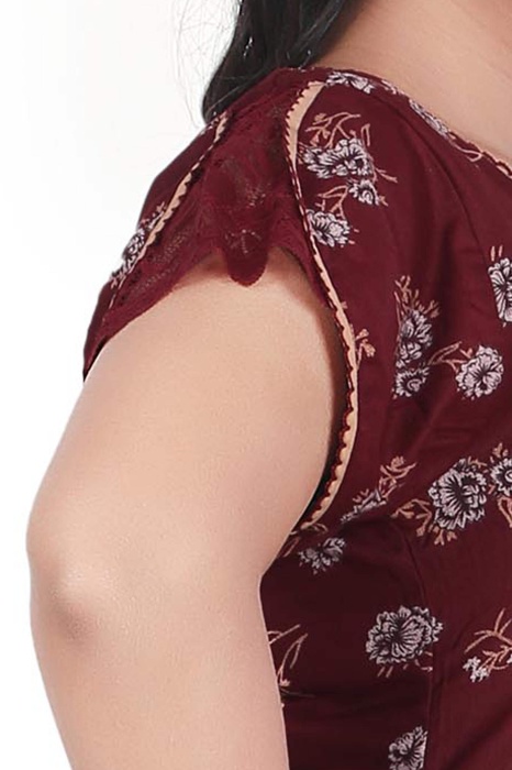 maroon alpine cotton night gown with zip and flower design  alpine cotton night gown