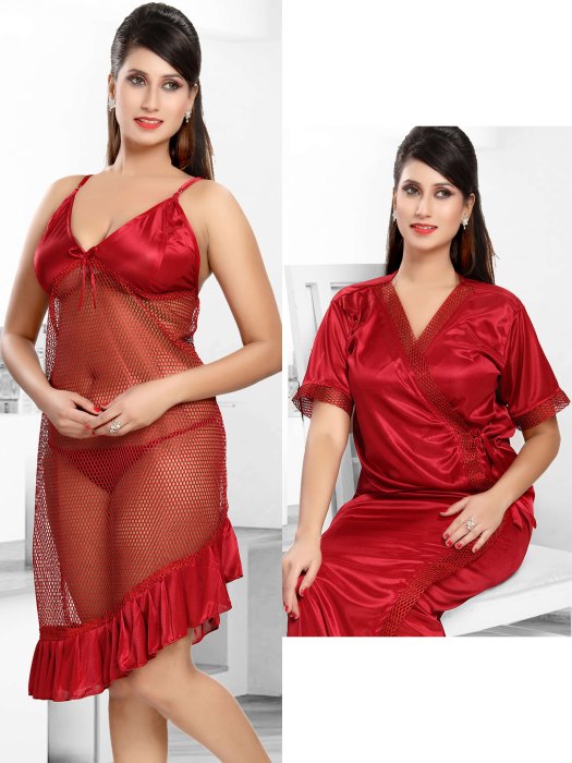maroon bridal net slip with robe 2pic  2 pic fancy bridal robe set
