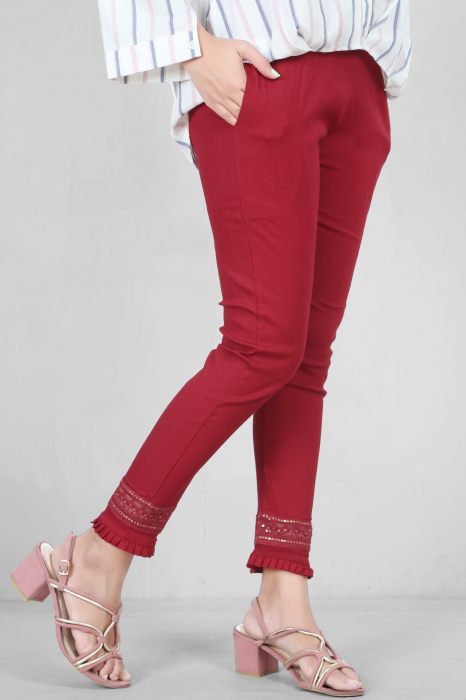 maroon color women premium bottom wear collection is best in class in terms of comfort  and soft jalar lace pant UNDER 399