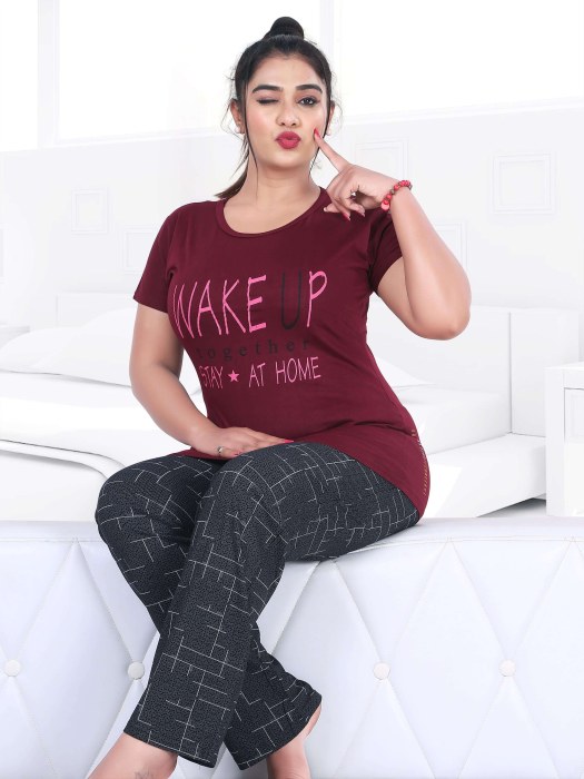 maroon hosiery cotton sinkar top with pyjama set night suit