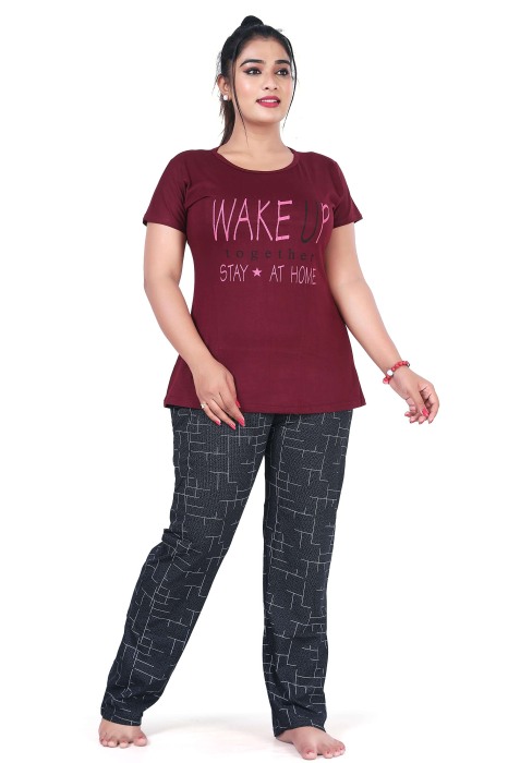 maroon hosiery cotton sinkar top with pyjama set night suit hosiery cotton sinkar night suit
