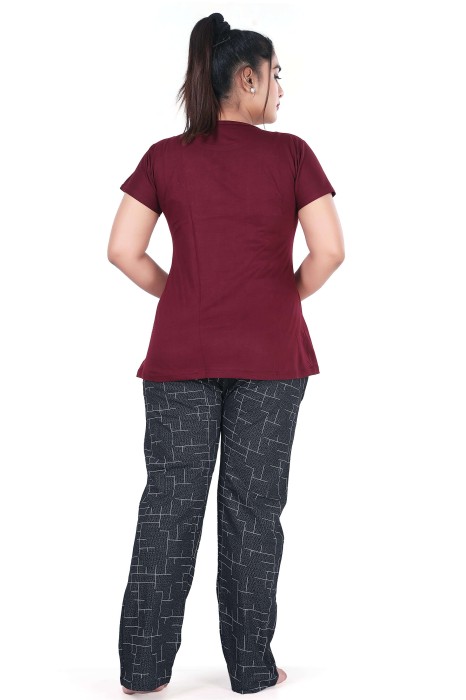 maroon hosiery cotton sinkar top with pyjama set night suit hosiery cotton sinkar night suit