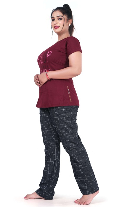 maroon hosiery cotton sinkar top with pyjama set night suit hosiery cotton sinkar night suit