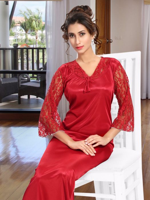 maroon plan santi night gown satin night gown