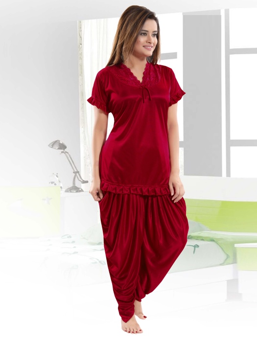 maroon satin patiyala plan night suit satin patiyala