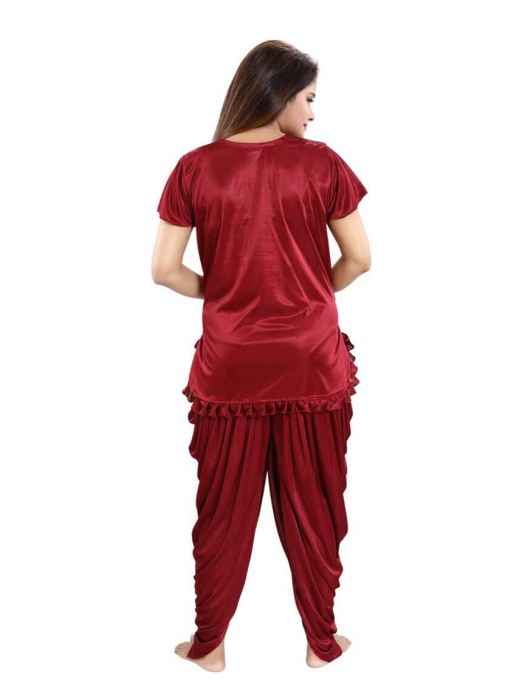 maroon satin patiyala plan night suit satin patiyala