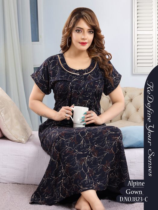 navi blue alpine cotton night gown embroidery border design  alpine cotton night gown