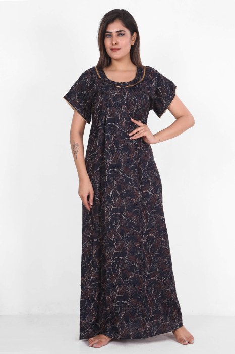 navi blue alpine cotton night gown embroidery border design  alpine cotton night gown
