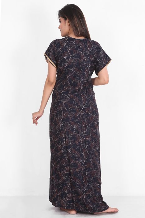 navi blue alpine cotton night gown embroidery border design  alpine cotton night gown