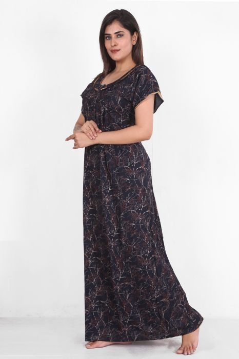 navi blue alpine cotton night gown embroidery border design  alpine cotton night gown