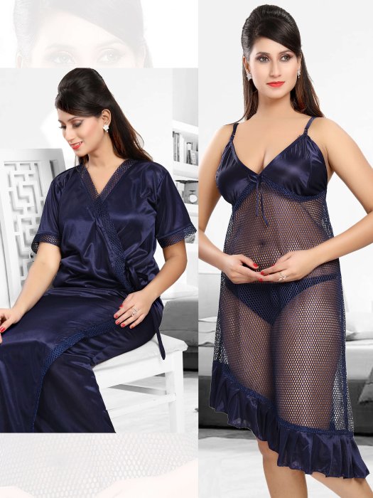 navi blue bridal net slip with robe 2pic  2 pic fancy bridal robe set