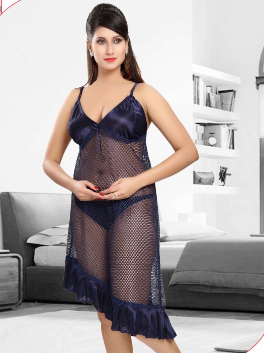 navi blue bridal net slip with robe 2pic  2 pic fancy bridal robe set