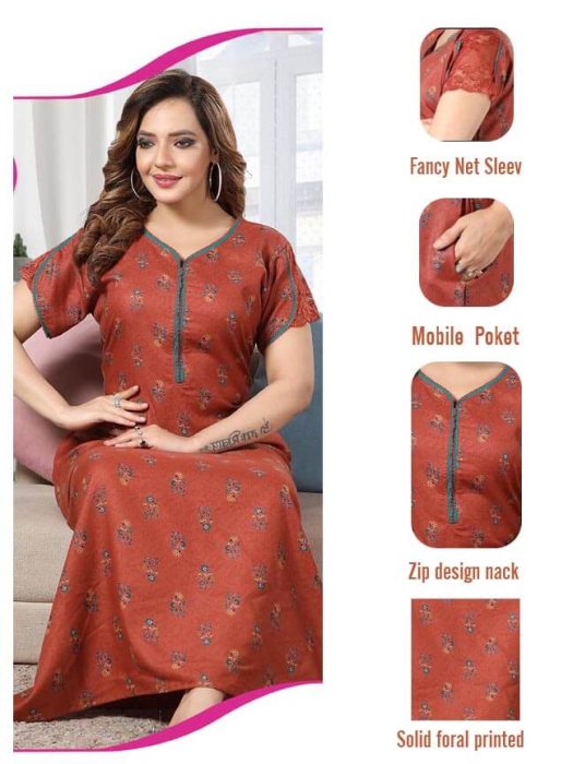 orange alpine cotton flowre design with zip night gown alpine cotton night gown