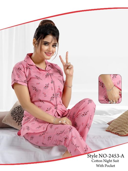 pink cotton mini flower design night suit cotton night suit