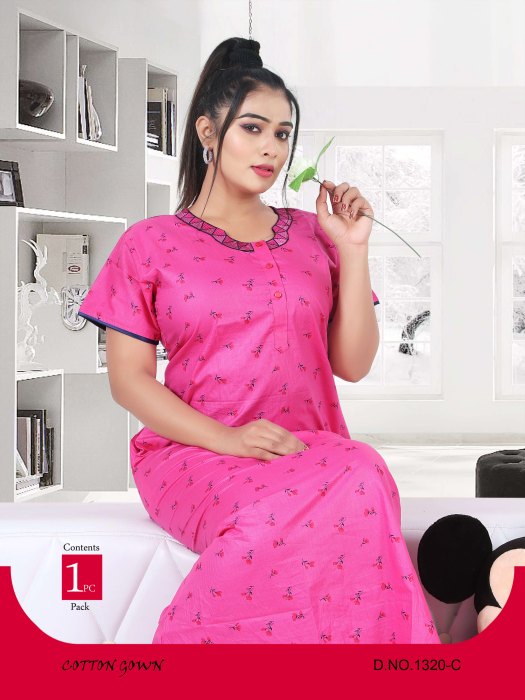 pink cotton prited night gown cotton night gown
